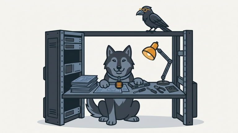 the wolf turning a server into a workstation desk full of tools, an amber lamp, the raven perched on top watching