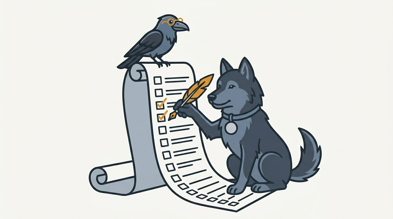 the wolf ticking off tasks on a long checklist, an amber tick, the raven perched on top watching