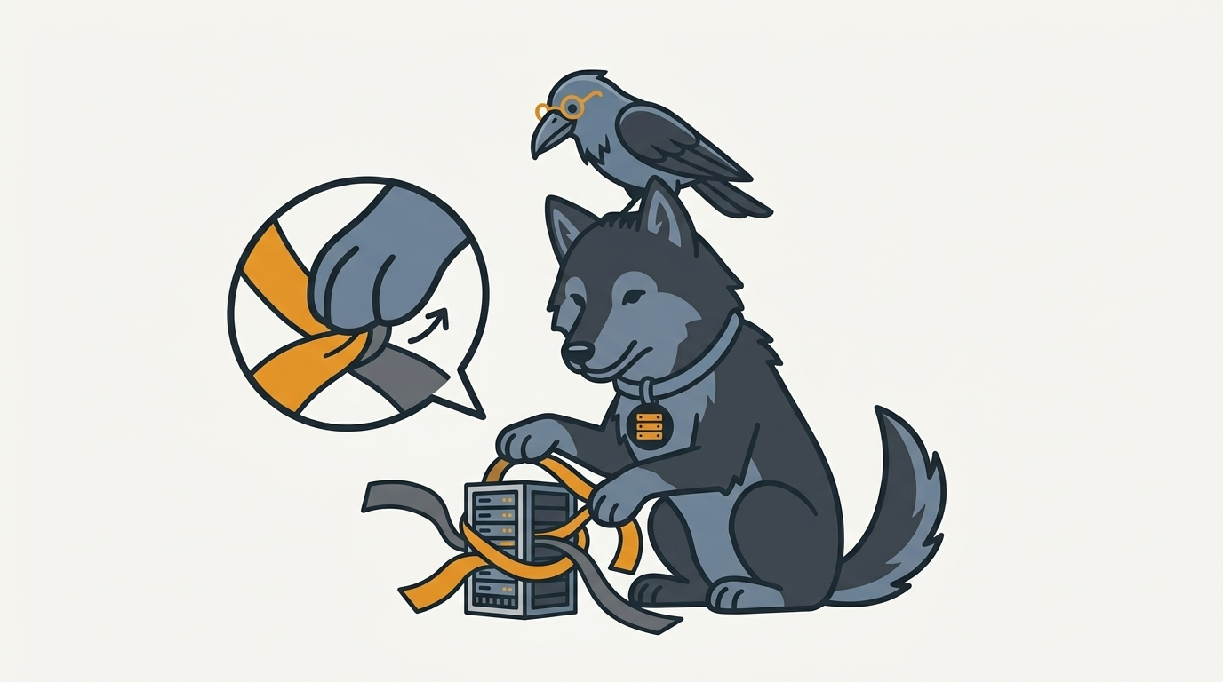 the wolf untangling two address labels on one service, an amber label, the raven perched on top watching