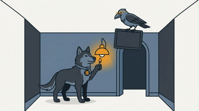 the wolf lighting a first lamp in a new empty blog house, an amber lamp, the raven hanging the welcome mat