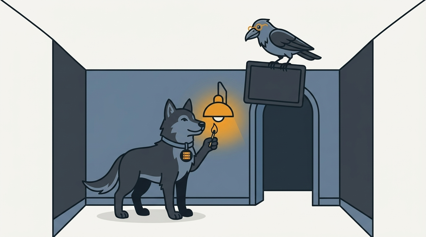 the wolf lighting a first lamp in a new empty blog house, an amber lamp, the raven hanging the welcome mat