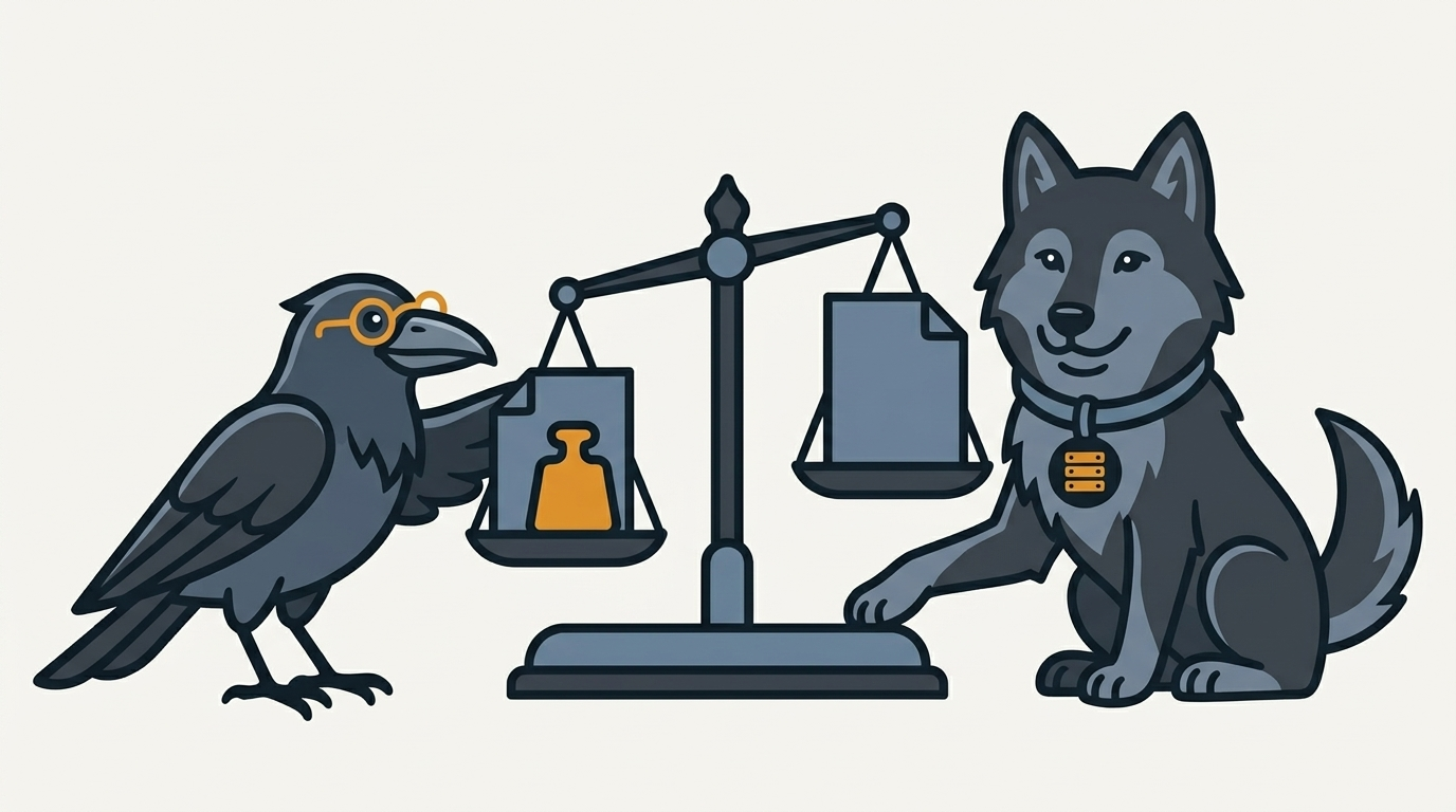the raven weighing two project plans on a balance scale with an amber weight on one side, the wolf steadying the stand