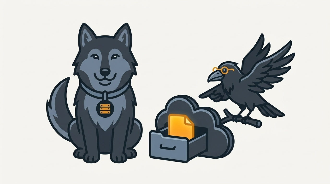 the wolf watching a small cloud-folder with a drawer open, an amber file inside, the raven pointing at it