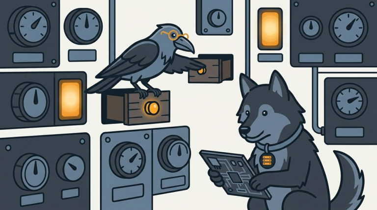 the raven pulling hidden drawers open on a wall of dials, one amber, the wolf holding the board