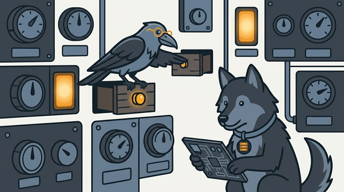 the raven pulling hidden drawers open on a wall of dials, one amber, the wolf holding the board