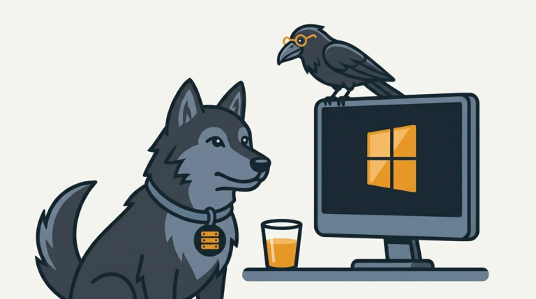 the wolf spotting a glowing glass window through a remote desktop screen, an amber glass, the raven perched on top watching