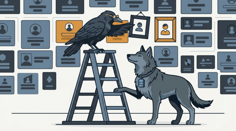 the raven on a stepladder hanging framed portrait pictures on a wall of computer login tiles, the wolf holding the ladder steady