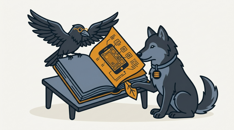 the raven opening a book about phone programming, an amber page, the wolf holding the bookmark