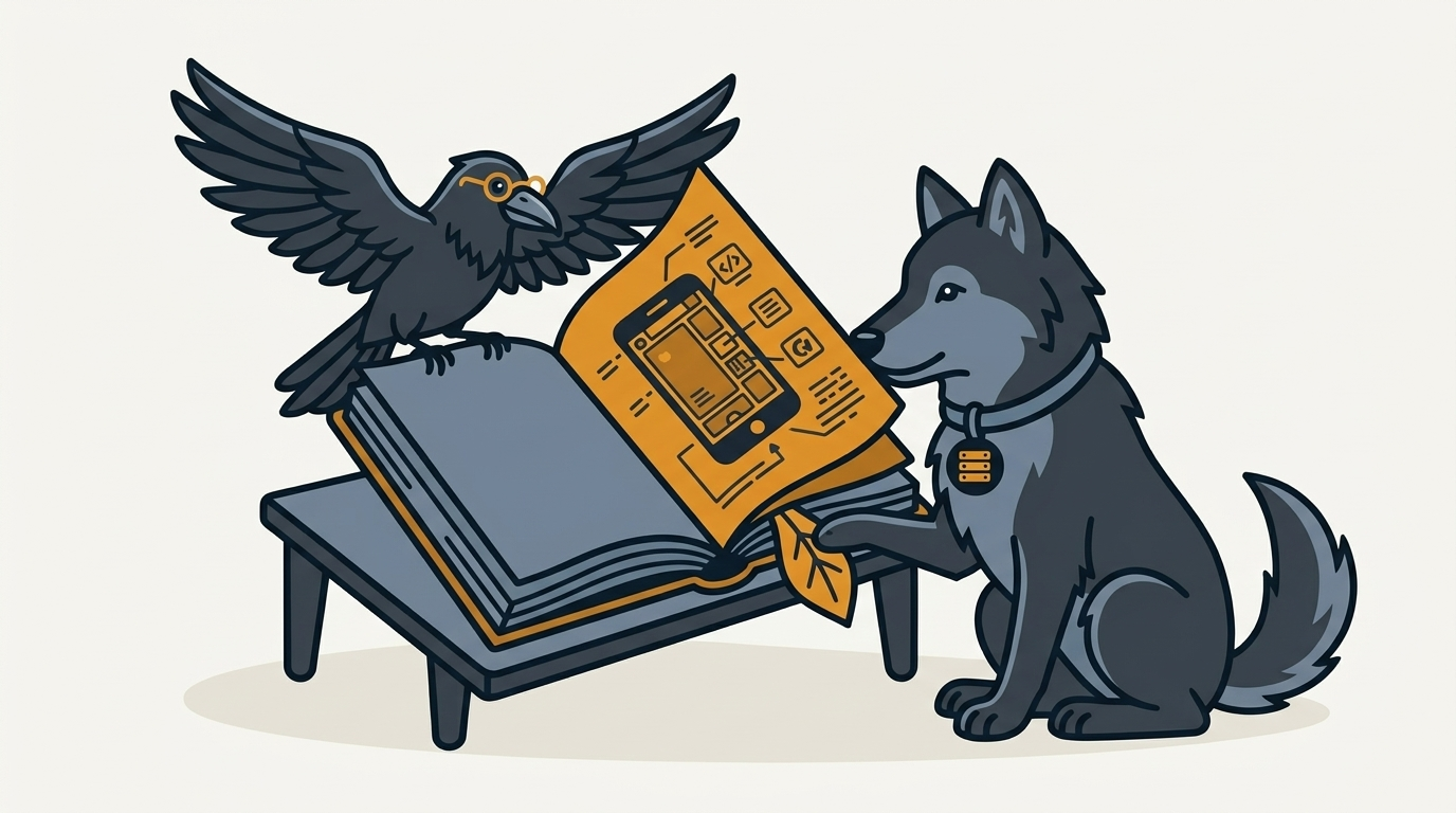 the raven opening a book about phone programming, an amber page, the wolf holding the bookmark