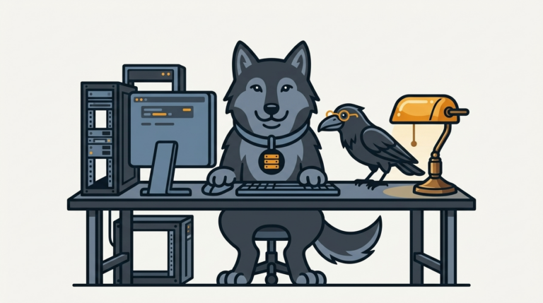 the wolf working at a server-sized desk, an amber lamp, the raven peering through its glasses