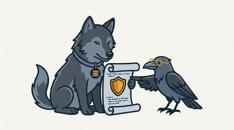 the wolf reading a batch file scroll with a warning shield, an amber shield, the raven pointing