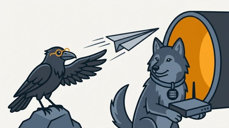 the raven pointing a speeding paper airplane toward a tunnel mouth that glows amber, the wolf holding a router box