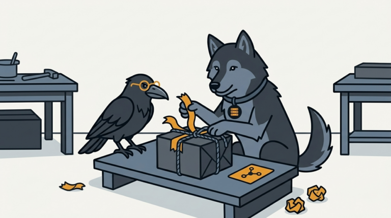 the wolf peeling off absolute path labels from a package and re-tying it with a rope, one amber label, the raven watching
