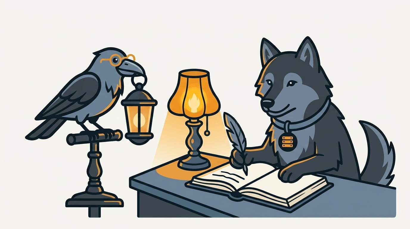 the wolf writing a line in a ledger beside a glowing lamp, the amber lamp, the raven holding a small lantern