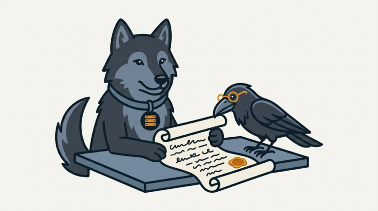 the wolf holding a contract scroll open on a table while the raven reads each clause, one amber seal
