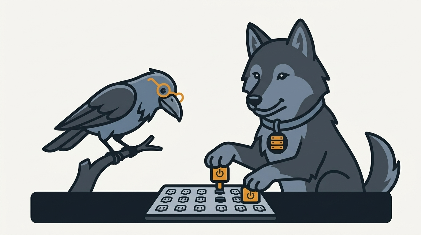 the wolf plugging small power toys into a XAML board, an amber toy, the raven peering through its glasses