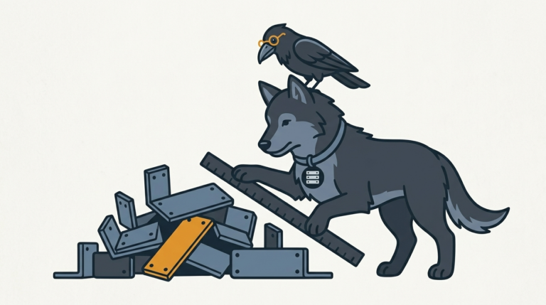 the wolf straightening a crooked pile of tag brackets with a ruler, an amber bracket, the raven peering