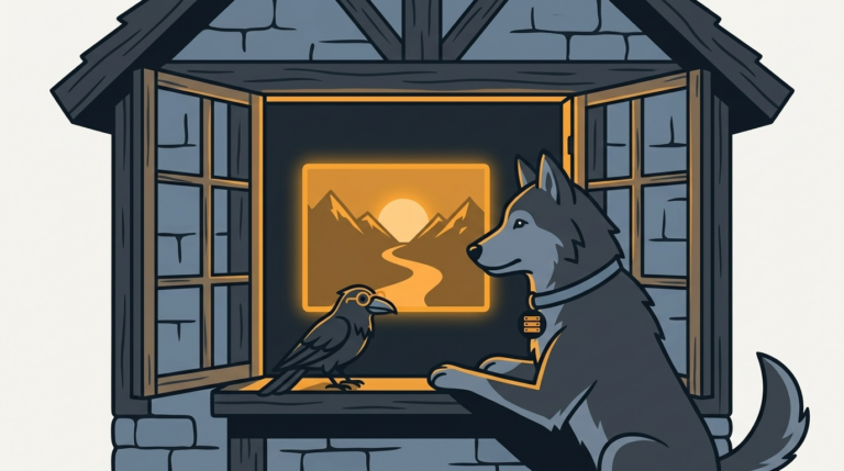 the wolf opening a window in a remote cottage so a desktop view shines out onto a mountain path, the amber window frame glowing, the raven looking in